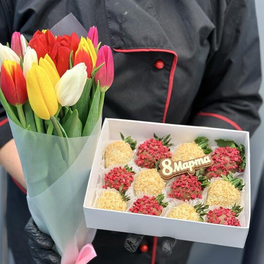2в1 клубника в шоколаде 12 ягод  и букет тюльпанов 15 шт 8 марта!